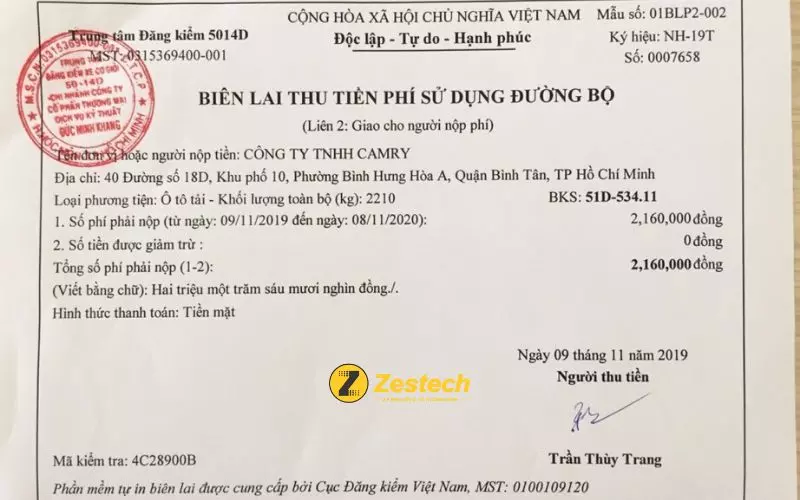 Biên lai thu phí sử dụng đường bộ