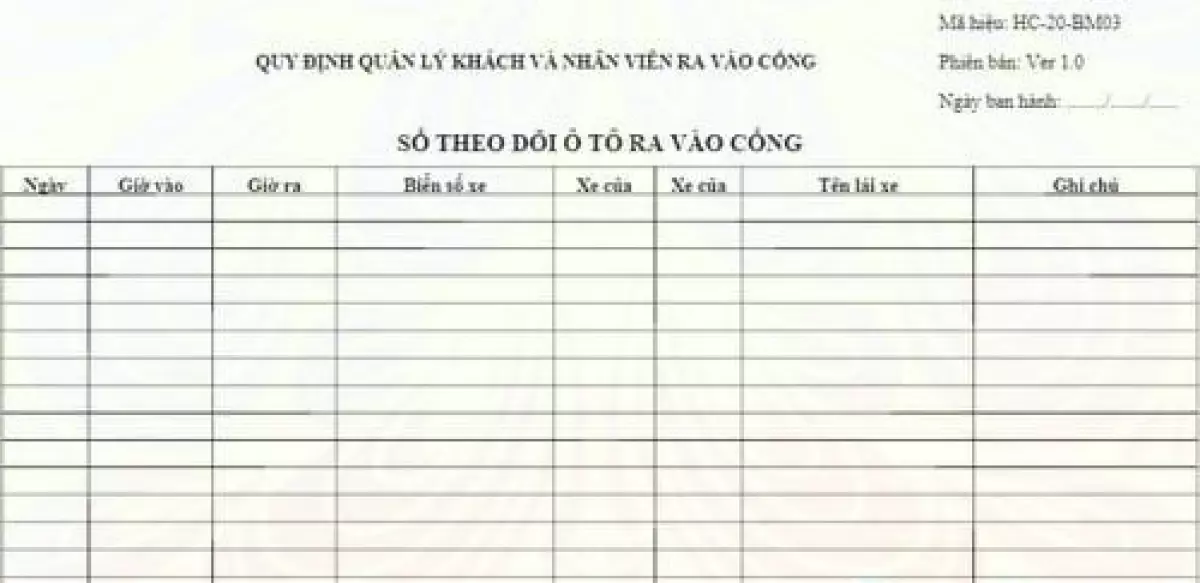 Mẫu sổ theo dõi ô tô ra vào công ty