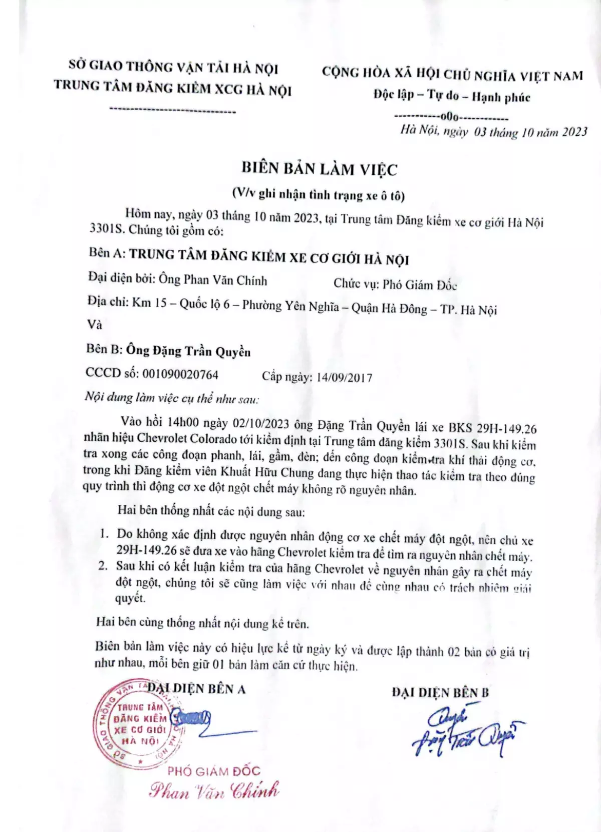 Biên bản làm việc giữa Trung tâm Đăng kiểm xe cơ giới 3301S Hà Nội và ông Đặng Trần Quyền