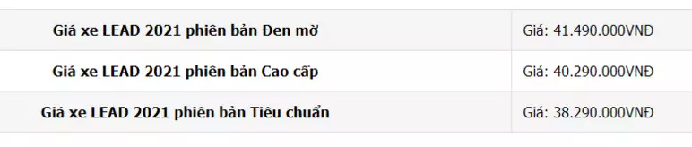 Bảng giá xe Honda Lead 2021 mới nhất tháng 1/2021