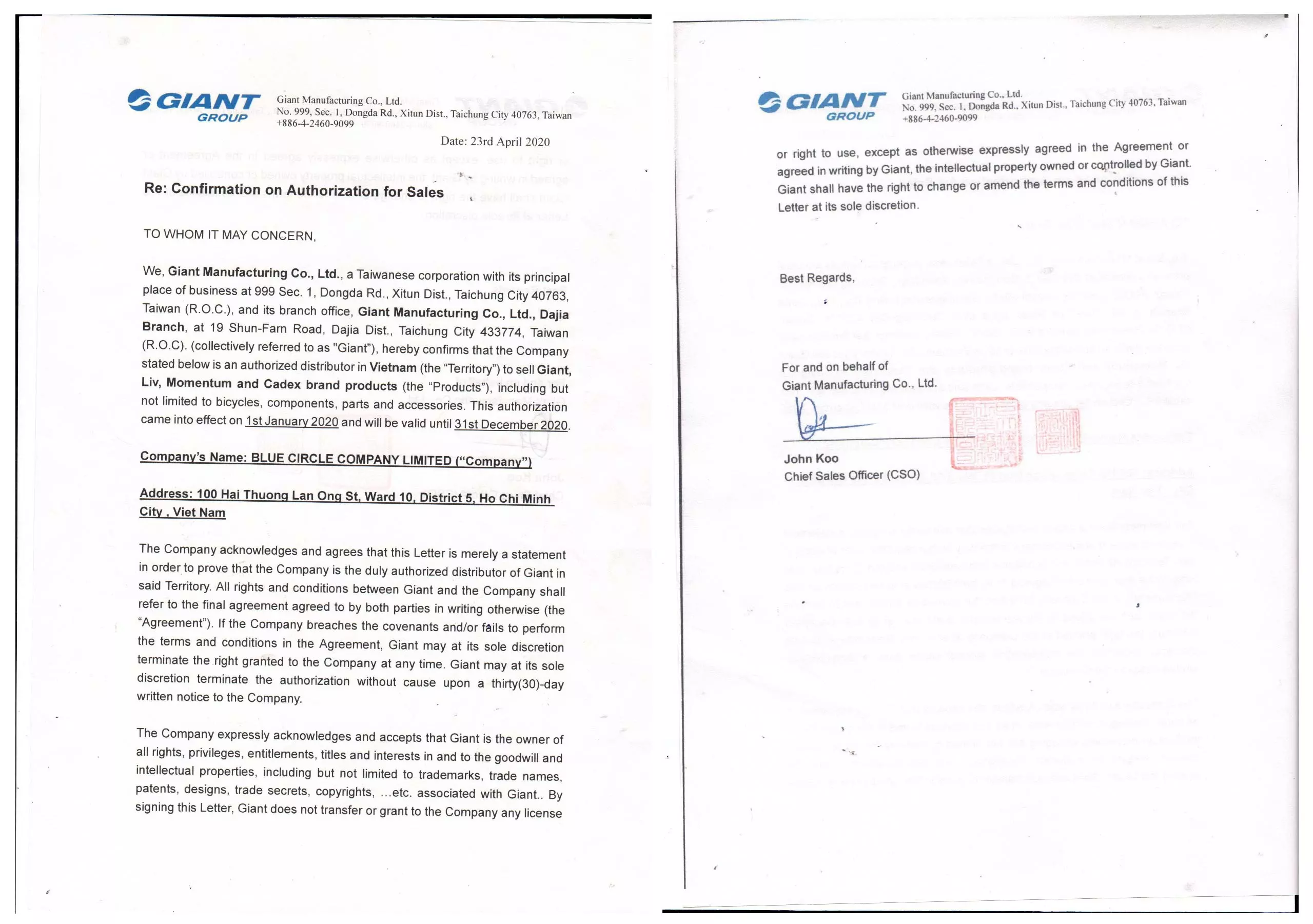 Thư chứng nhận Nhà Phân Phối độc quyền của Giant Quốc Tế cung cấp cho Giant International (BLUE CIRCLE COMPANY LIMITED)