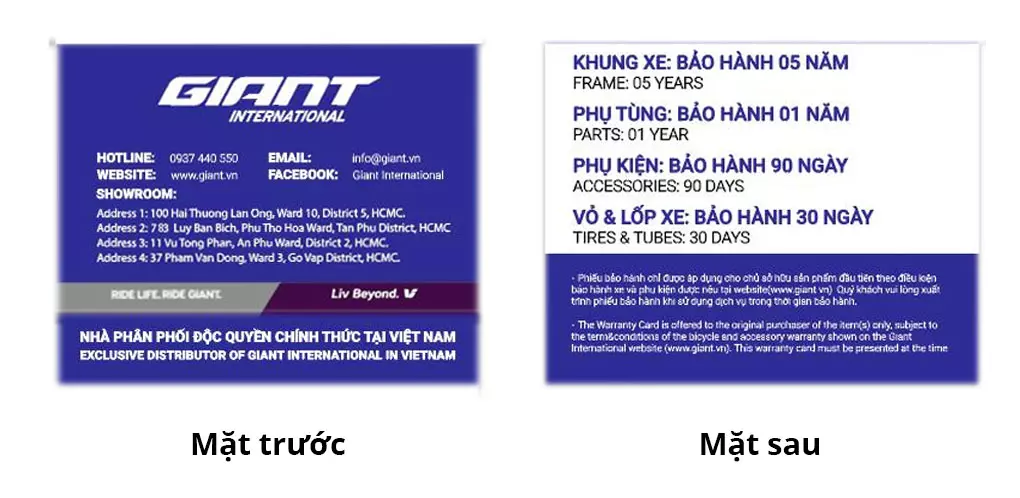 Phiếu bảo hành khi mua xe đạp tại Giant International