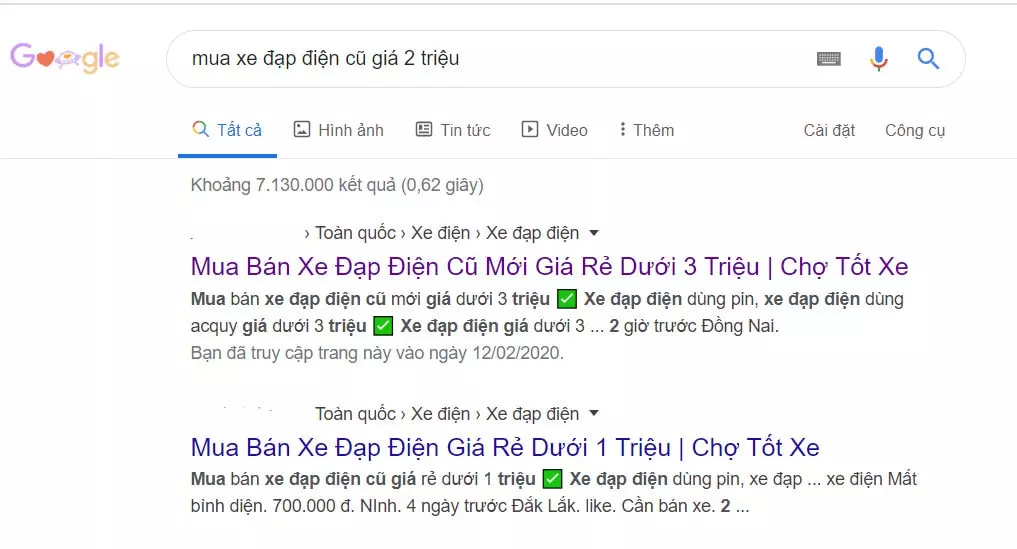 Tìm mua xe đạp điện cũ giá 2 triệu trên Google