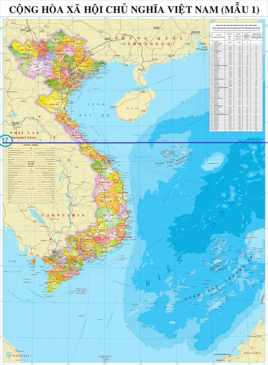 đường thể hiện vị trí vĩ tuyến số 17 trên bản đồ Việt Nam