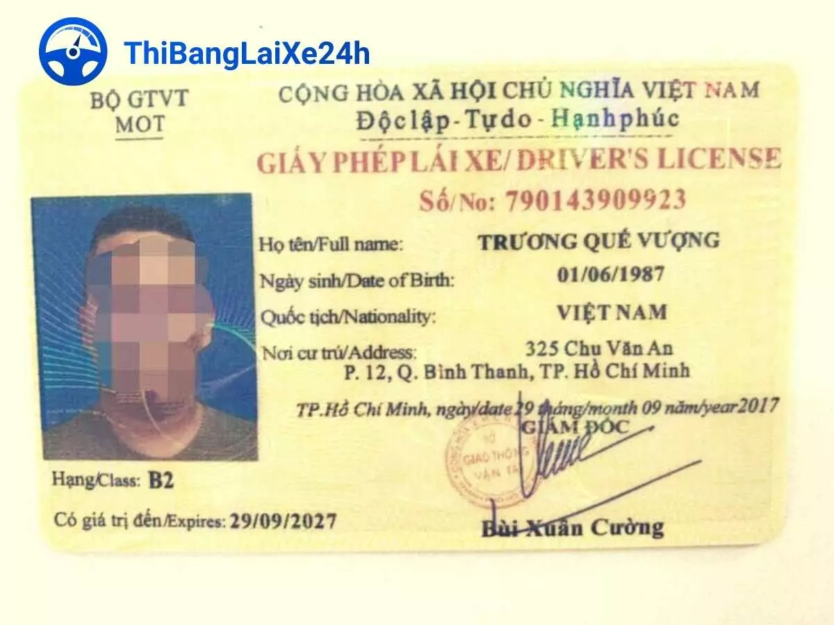 Mặt trước của bằng lái xe B2