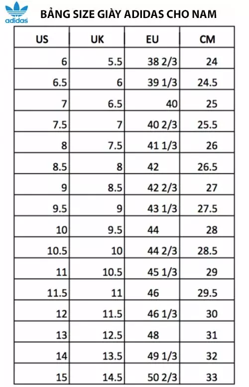Bảng size giày adidas nam