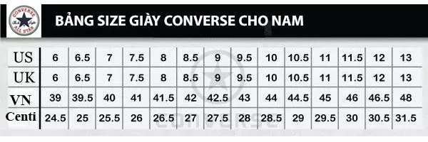 Bảng size giày Converse nam