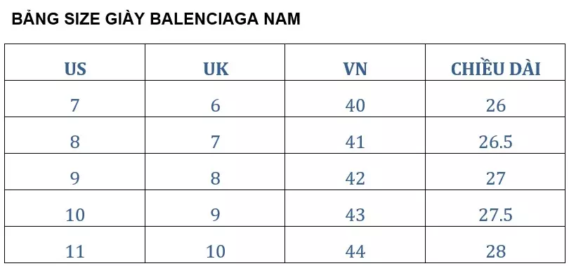 Bảng size giày Balenciaga nam