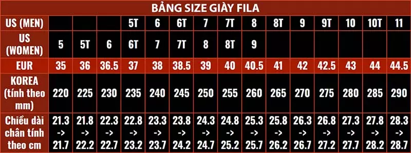 Bảng size giày Fila