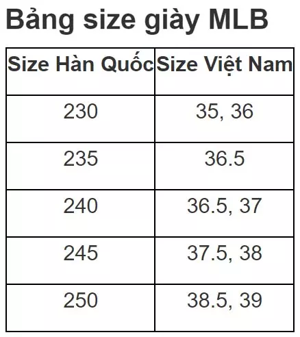 Bảng size giày MLB