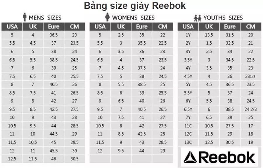 Bảng size giày Reebok