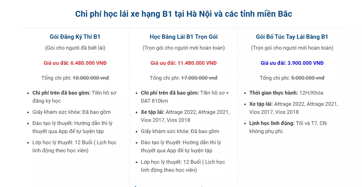 Bảng giá học lái xe B1 2023 trọn gói tại Hà Nội