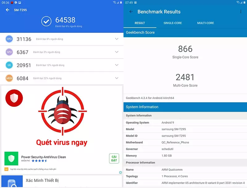 Máy tính bảng Samsung Galaxy Tab A8 8 inch T295 2019 | Điểm hiệu năng Antutu Benchmark