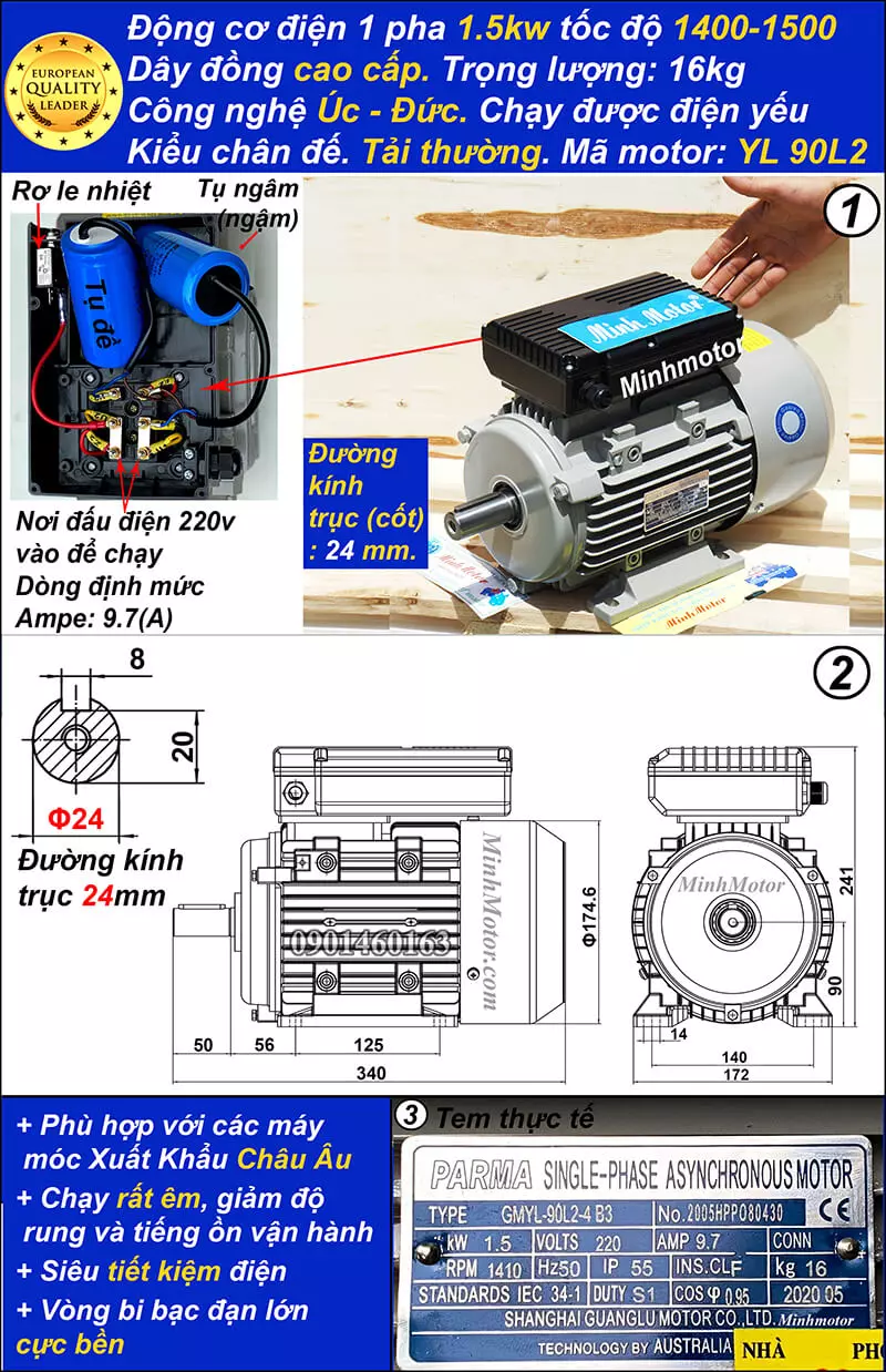 Thông số kỹ thuật Motor Hồng Ký 2HP 1.5kw 1 pha YL