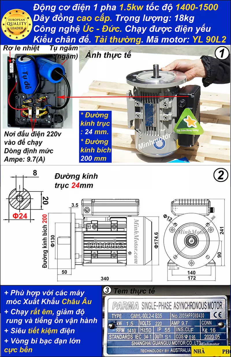 Thông số kỹ thuật Motor Hồng Ký 2HP 1.5kw 1 pha YL