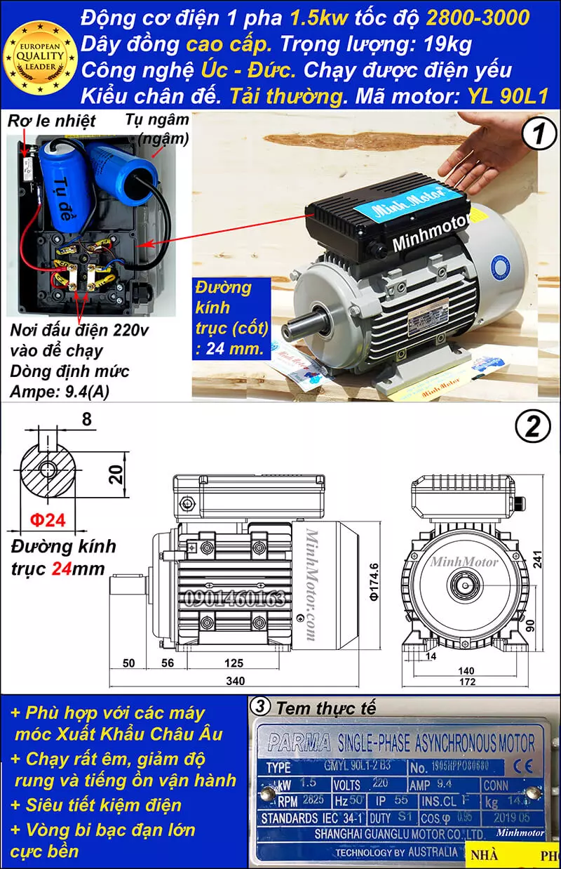 Thông số kỹ thuật Motor Hồng Ký 2HP 1.5kw 1 pha YL