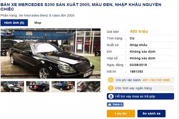 Một chiếc Mercedes S class S350 đời 2005 được rao bán giá gần 500 triệu đồng.