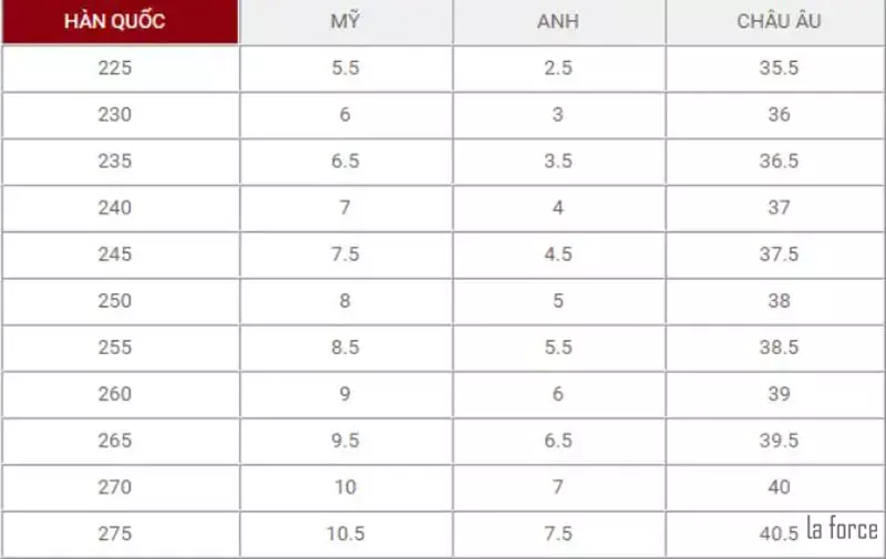 bản size giày mlb nam