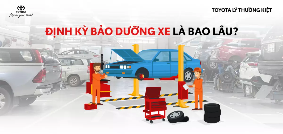 Hình ảnh một chiếc ô tô đang được bảo dưỡng trong garage.